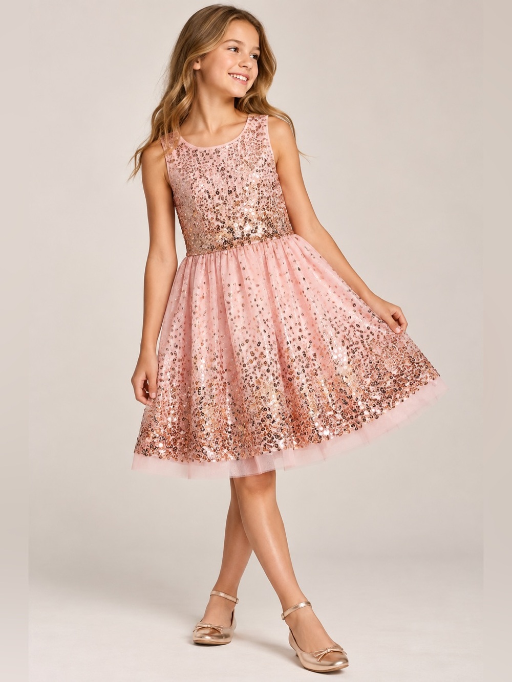 Cat & Jack Girls 10/12 Pink Rose Gold Sequin Tulle Party Dress